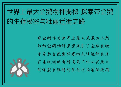 世界上最大企鹅物种揭秘 探索帝企鹅的生存秘密与壮丽迁徙之路